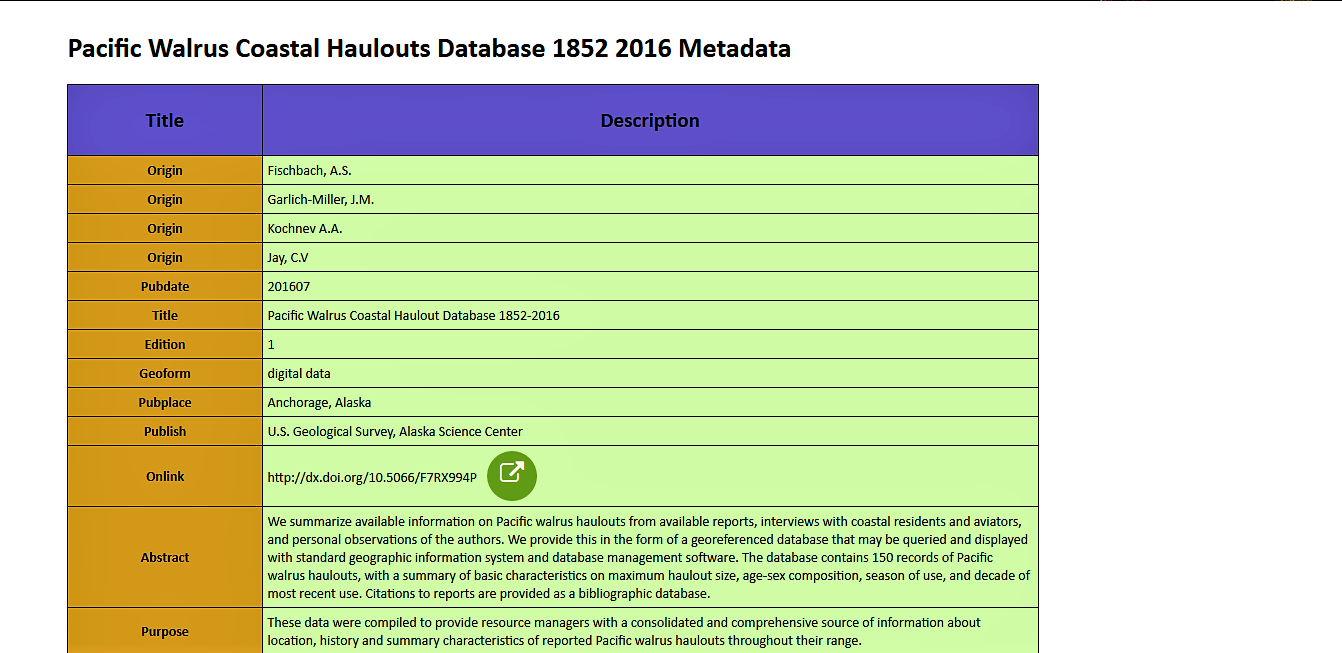 Pacific Walrus Coastal Haulouts Database 1852-2016 Metadata (Data Presentation: XML, XSLT, XPath)