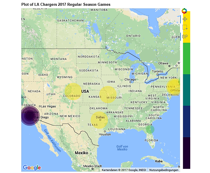 Geocoding & GeoMapping Chargers 2017 Regular Season Games (Geocoding, Reverse Geocoding & GeoMapping: Python: Jupyter)